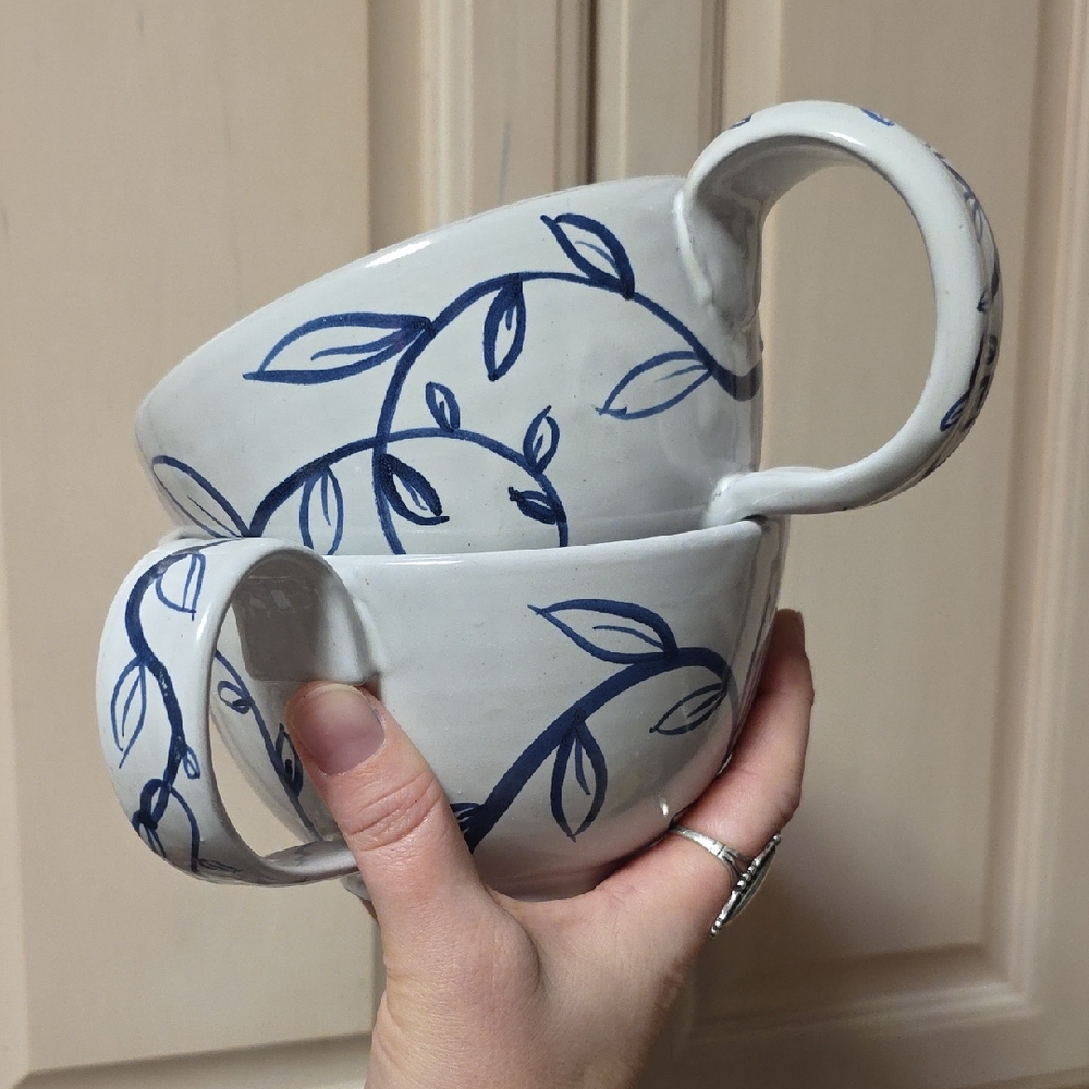 Blue and White Leaf Patterned Mugs